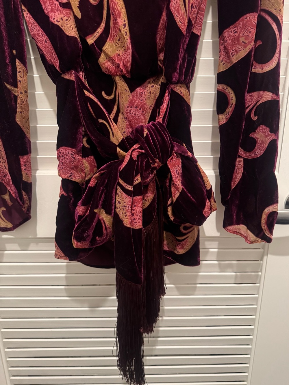 Retrofete Burgundy Velvet Paisley Tie-Waist Long Sleeve Dress - Picture 11 of 12